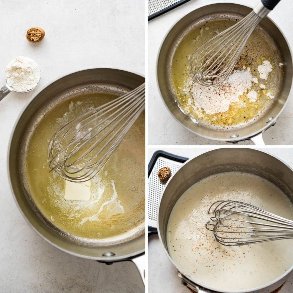 steps for making a bechamel sauce (creamy white sauce).