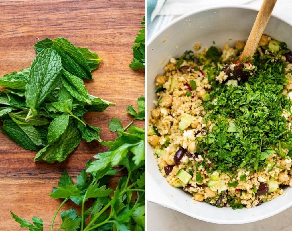 adding the fresh mint and parsley to the bowl.