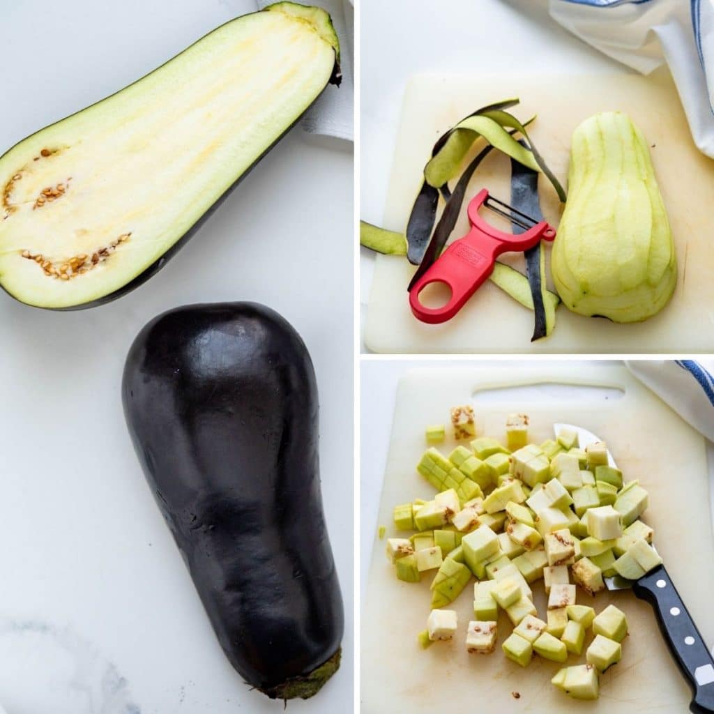 slicing and peeling the eggplant before dicing.