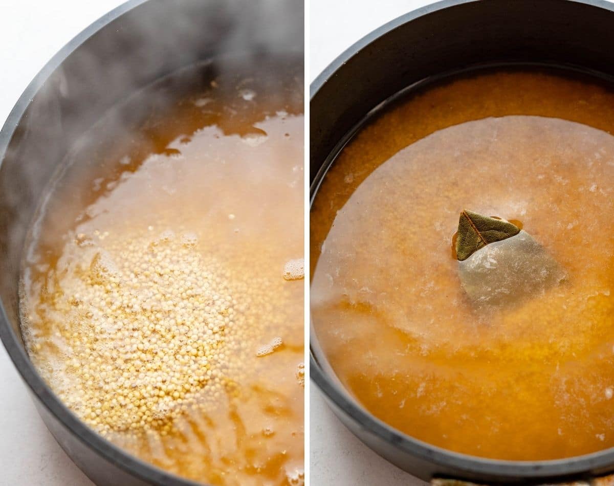 Cooking millet with broth and a bay leaf. 