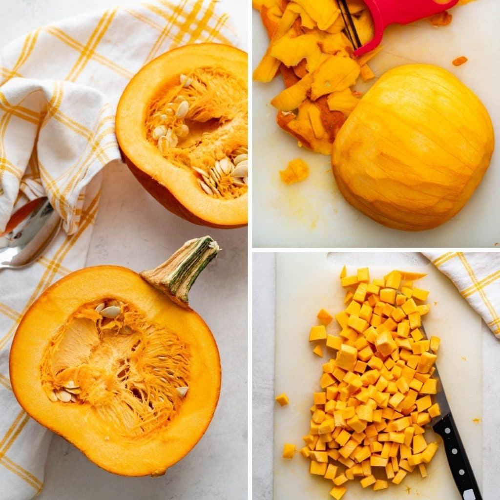 Peeling, scooping and dicing the pumpkin.