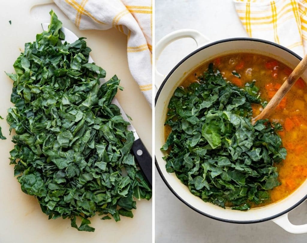 adding kale to the soup recipe.