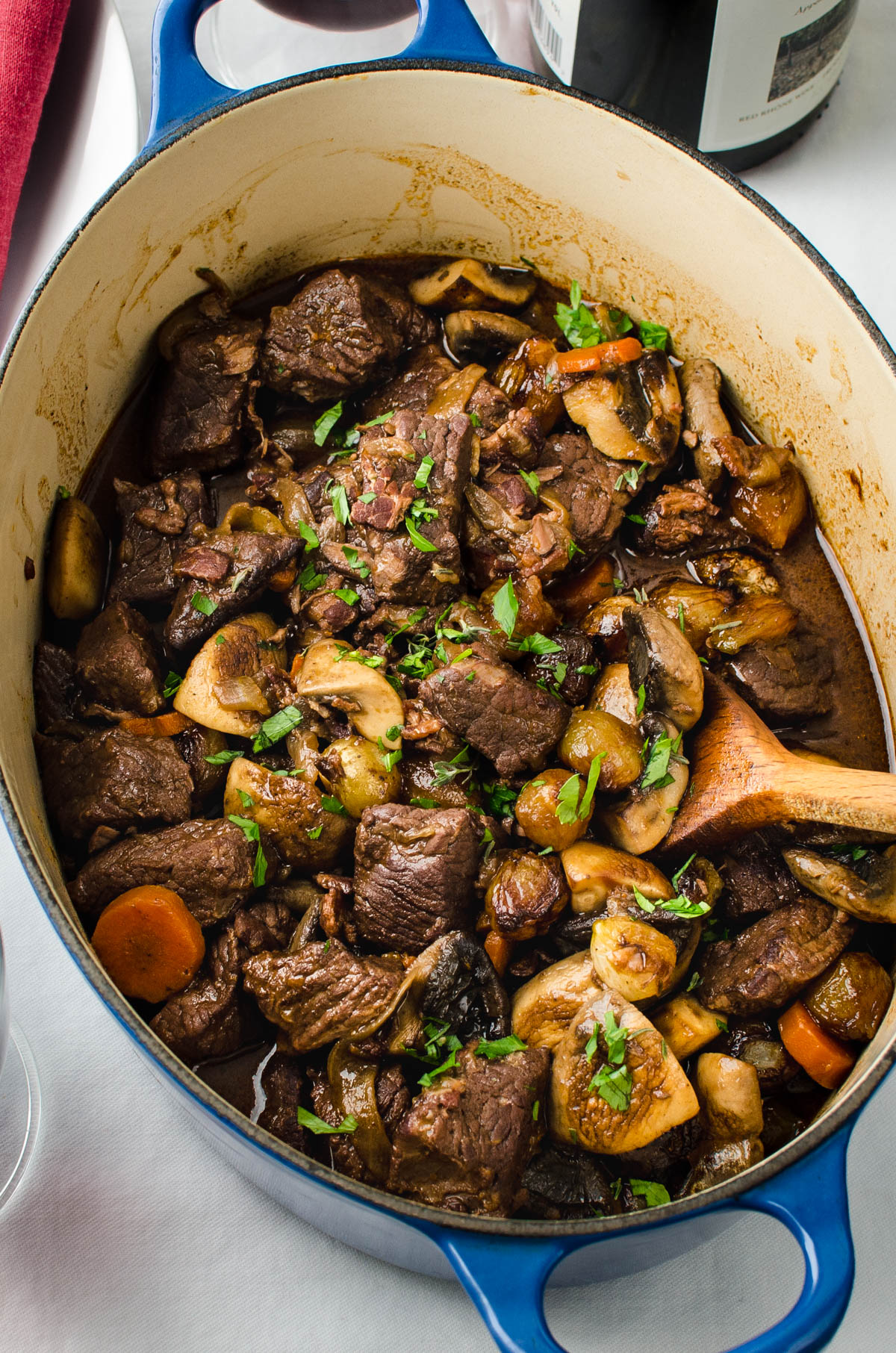 a pot of boeuf bourguignon after braising for hours. 