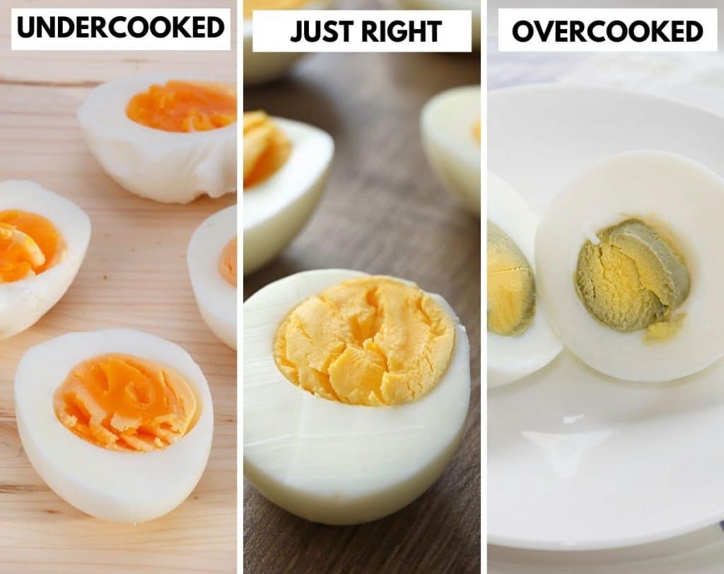 images of undercooked, just right and overcooked eggs.