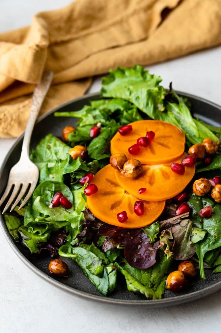 Persimmon Pomegranate Salad with Candied Hazelnuts