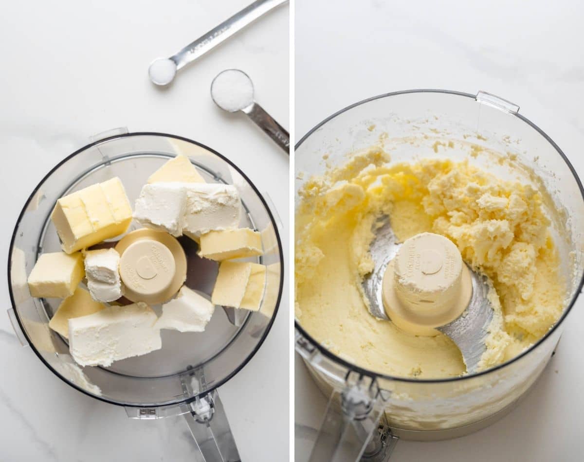 combining cream cheese, butter, salt and sugar in a food processor. 
