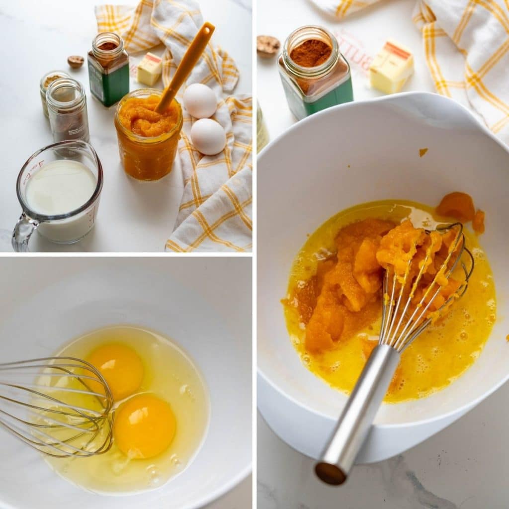 mixing eggs and puree with other ingredients in a bowl.