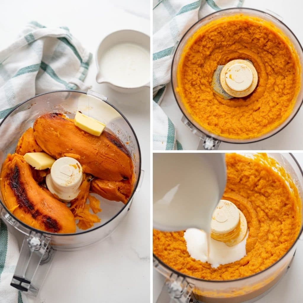 adding butter and buttermilk to the mashed sweet potatoes in the food processor. 