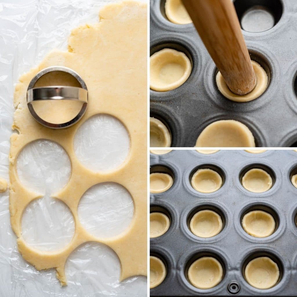 rolling out the mini pie shells and forming them into tartlets using a muffin tin.