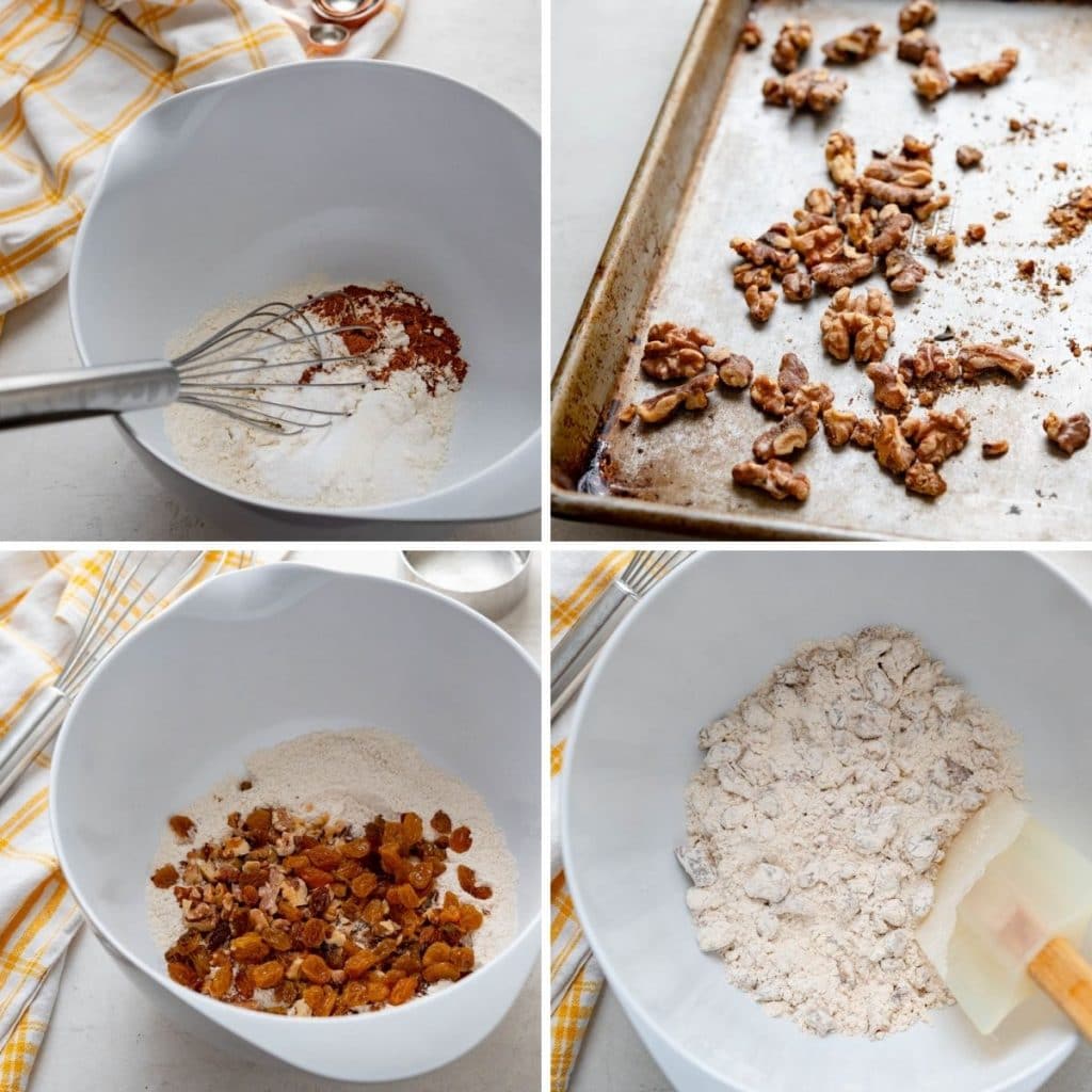 combining the dry ingredients with toasted pecans and golden raisins.