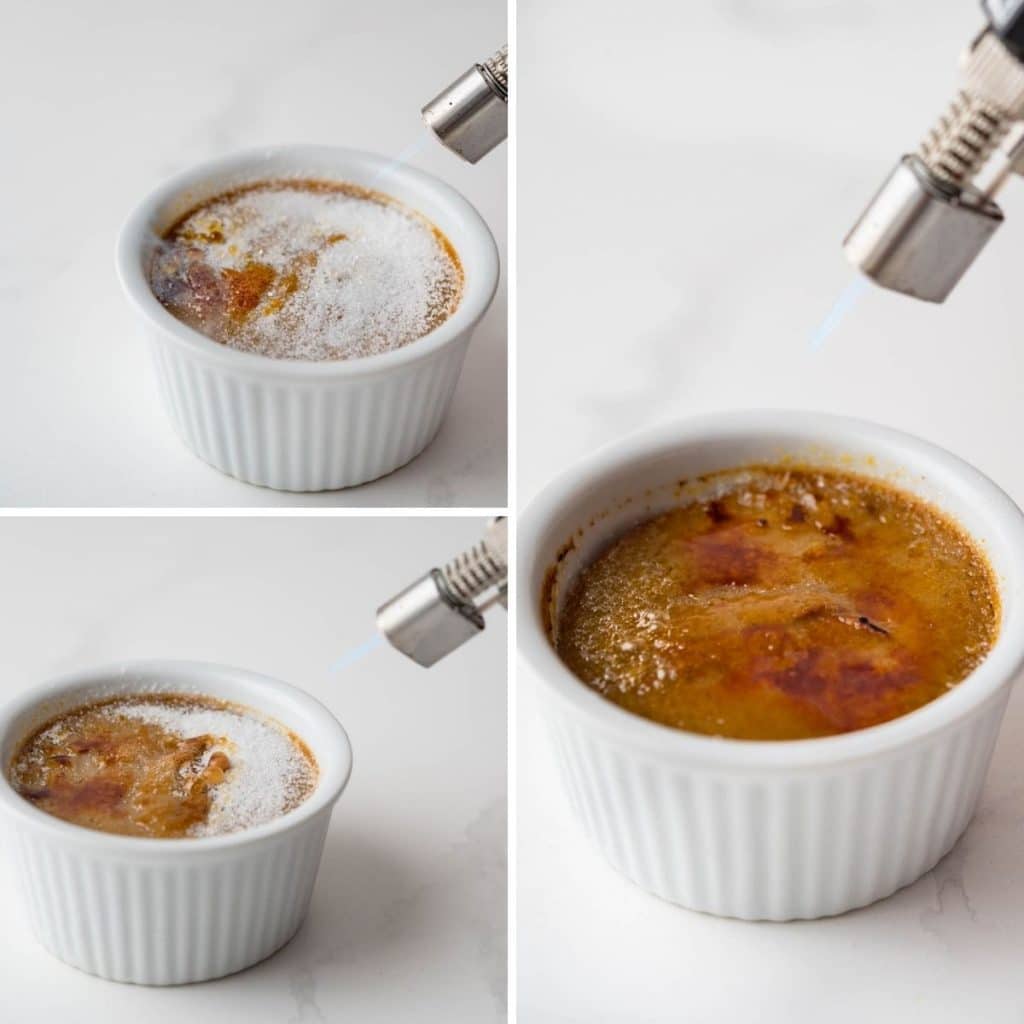 Using a blowtorch to make the caramelized brûlée topping for pumpkin custard.