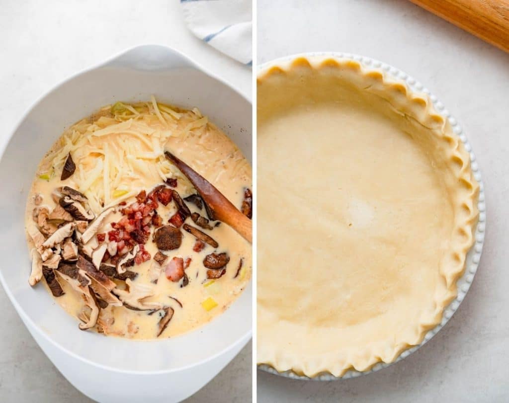 adding cooked vegetables, cheese, ham and rehydrated dried mushrooms to the egg custard.