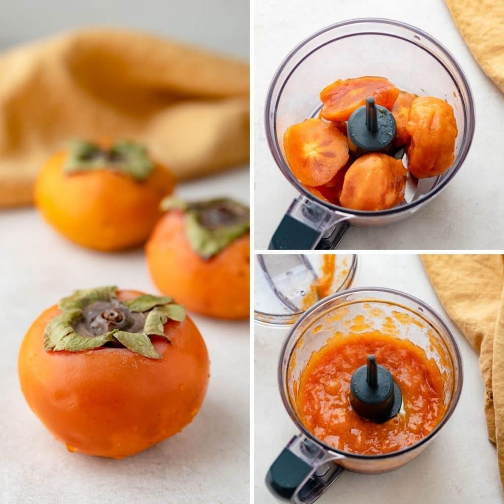 Peeling and pureeing persimmons to make a pulp.