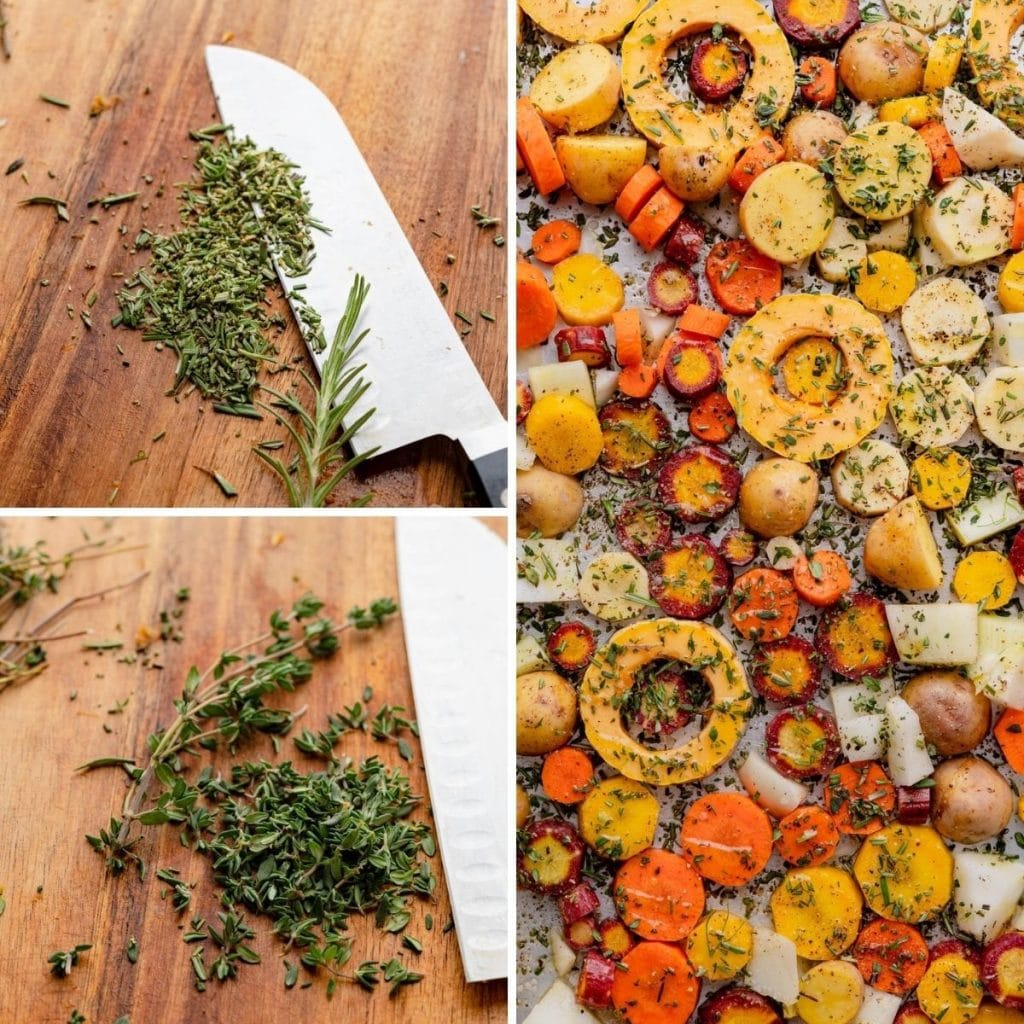 adding fresh rosemary and thyme to the fall vegetables to roast.