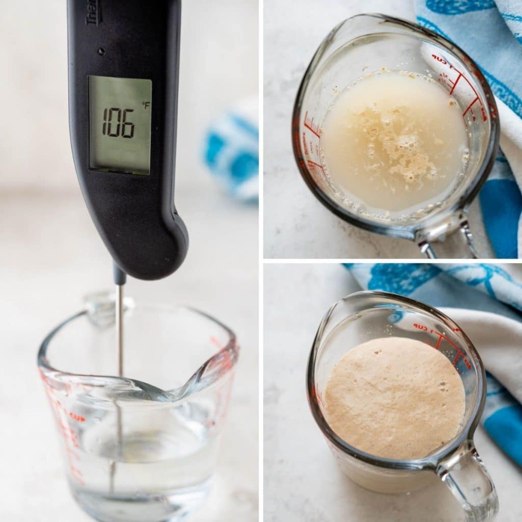 using an instant read thermometer to register the temperature of the warm water to bloom the yeast.