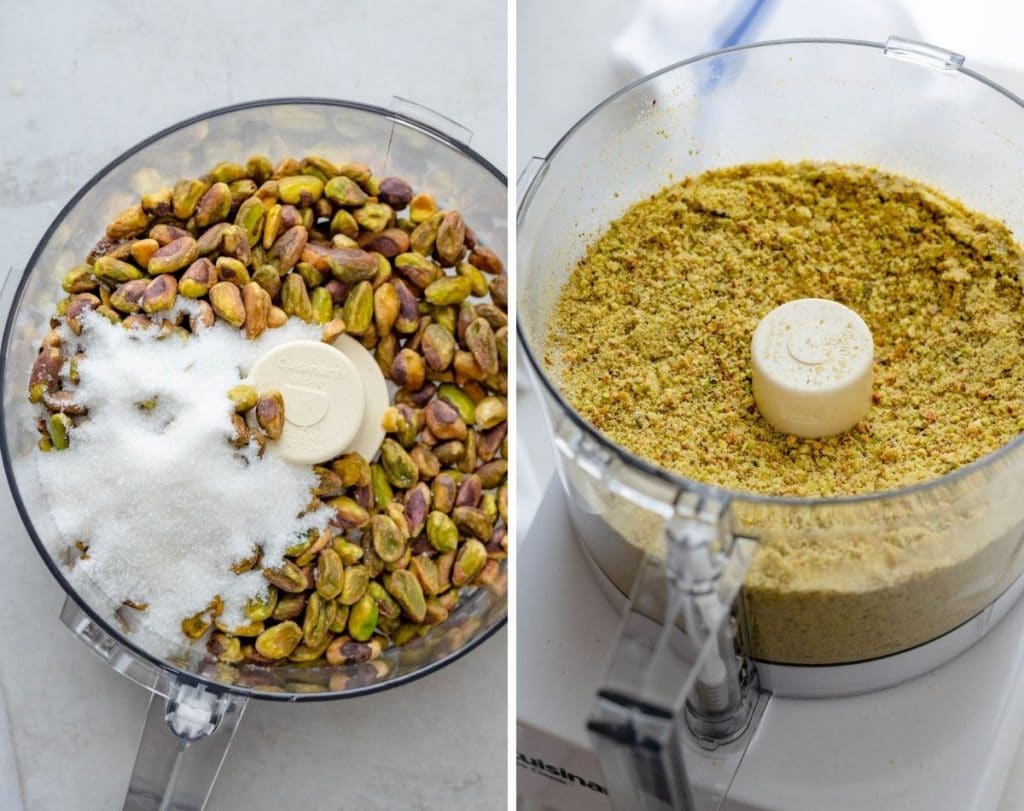 grinding the pistachios and sugar in a food processor.