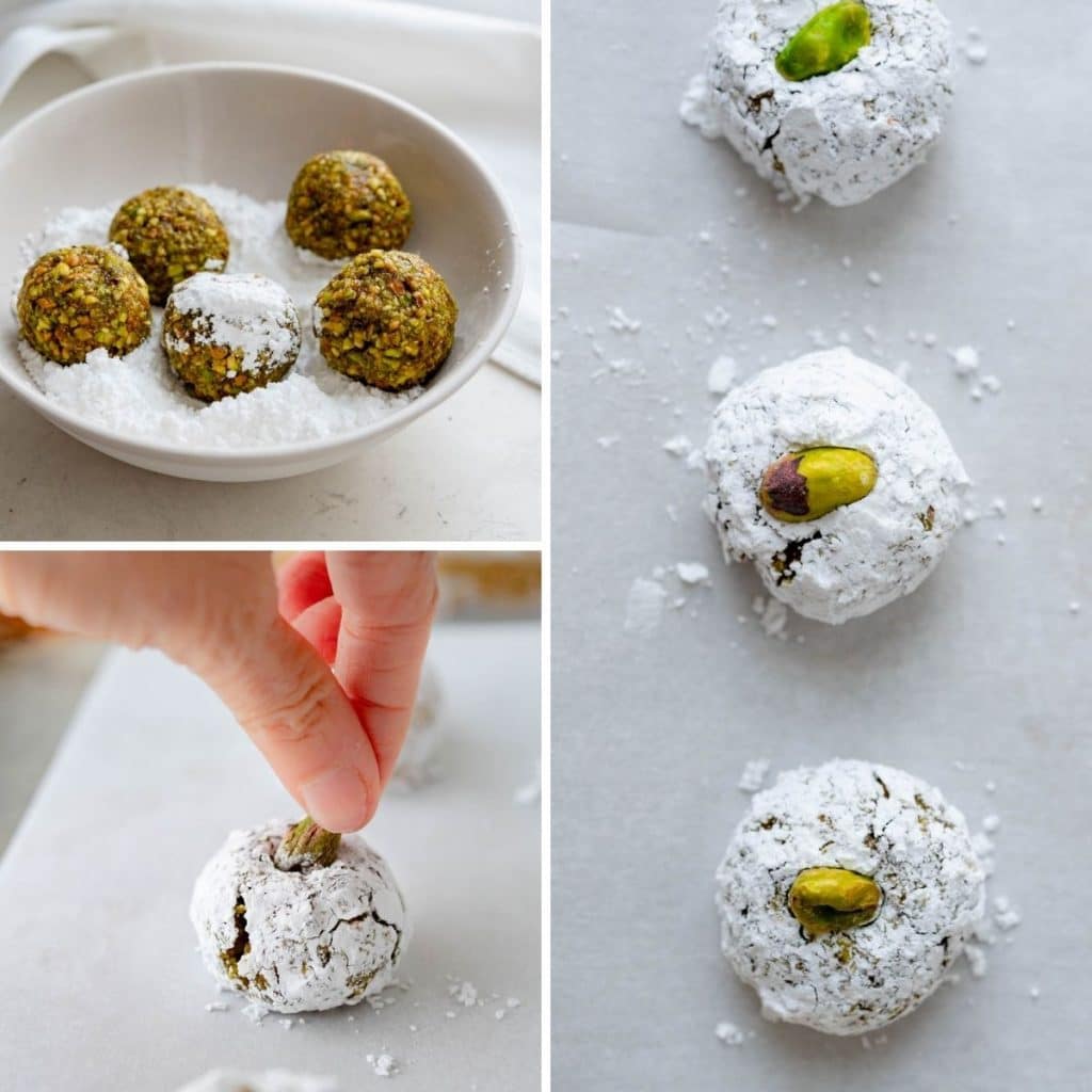 coating the pistachio cookies with sugar and garnishing with a whole nut.