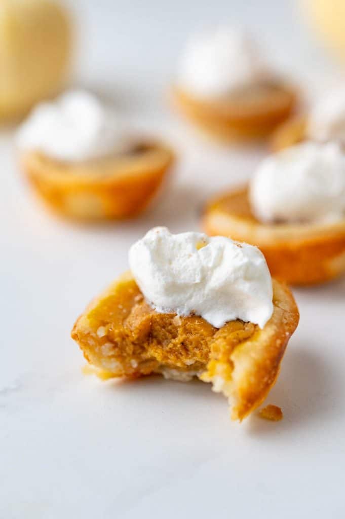 a mini pumpkin pie with a bite missing. 