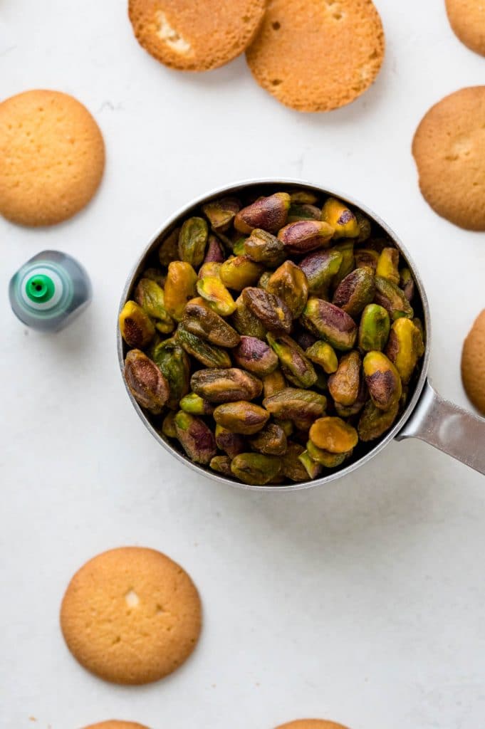 Nilla wafers, pistachios and food coloring.