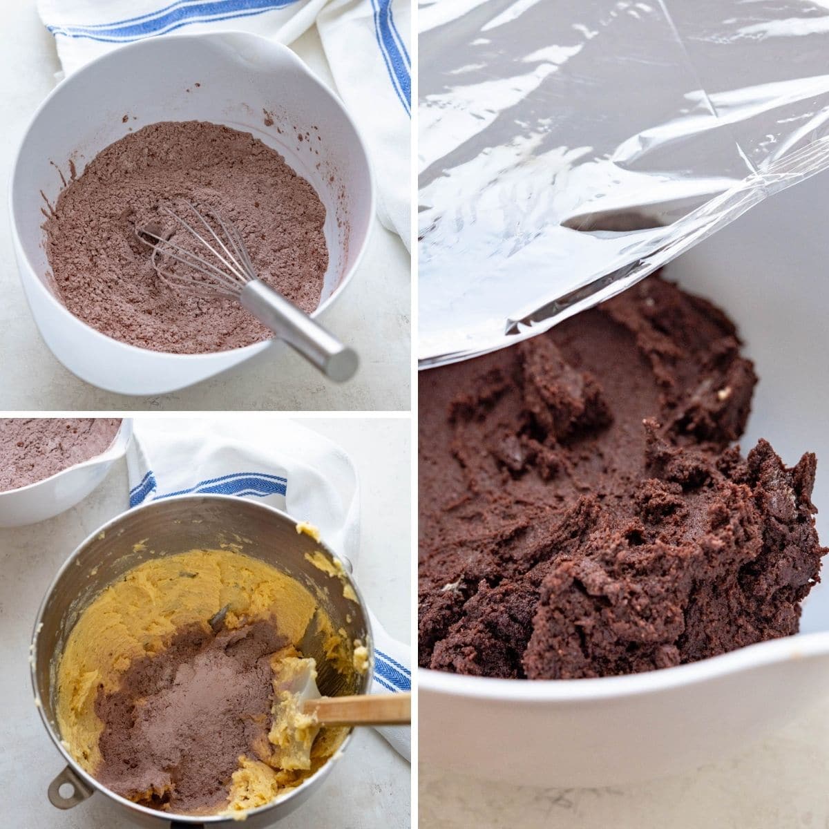 mixing the flour and cocoa mixture with the creamed butter and sugar.