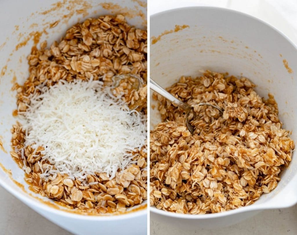adding coconut to oatmeal chews cookie recipe.