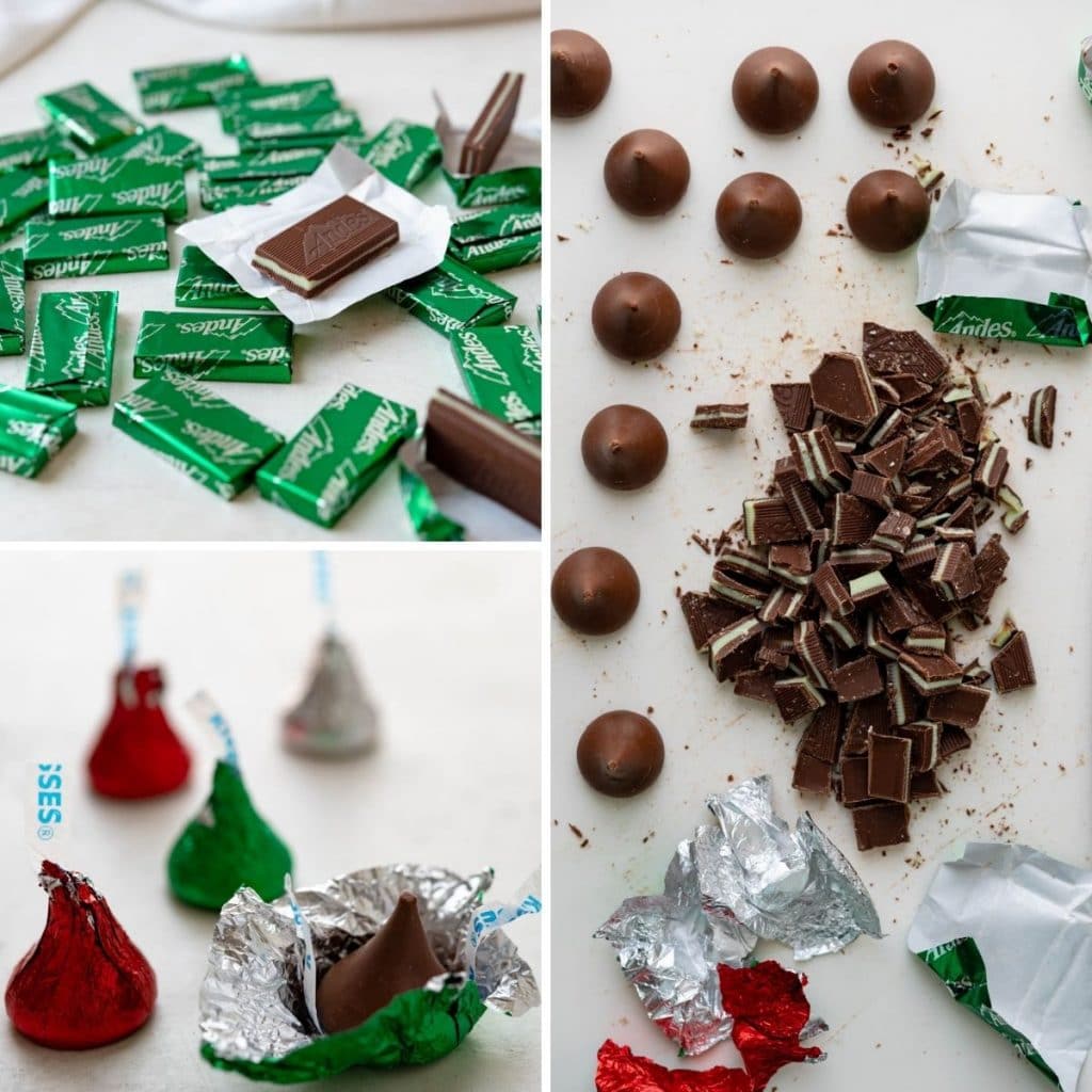 chopping Andes mints for the cookies and unwrapping the Hershey's kisses.