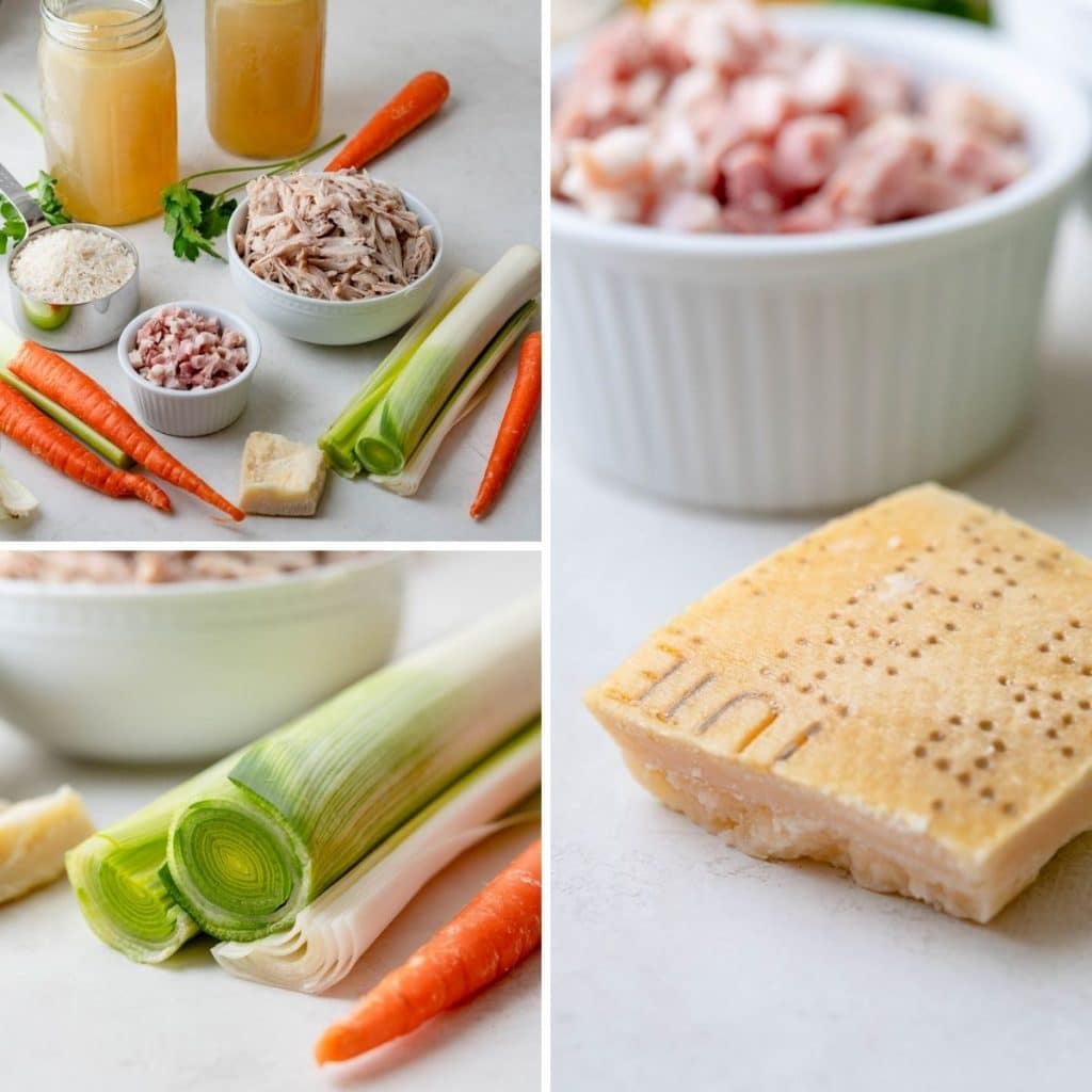 fresh leeks and carrots with pancetta and parmesan cheese rind are flavor enhancers.