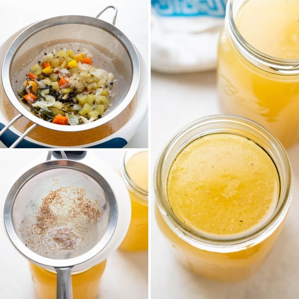 strain the homemade turkey stock and save in jars or go right to making the soup.