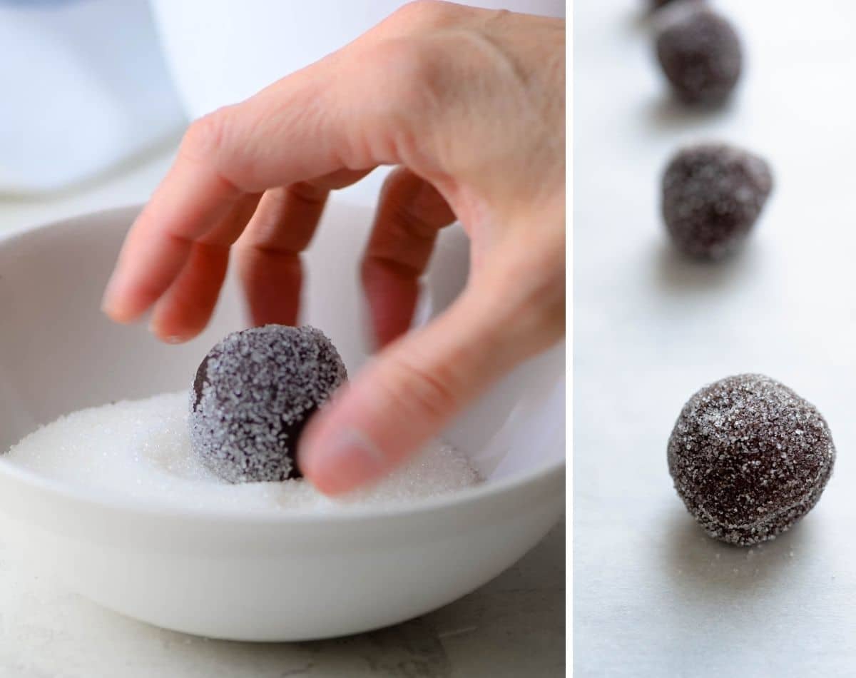 rolling a ball of chocolate mint cookie dough in granulated sugar. 