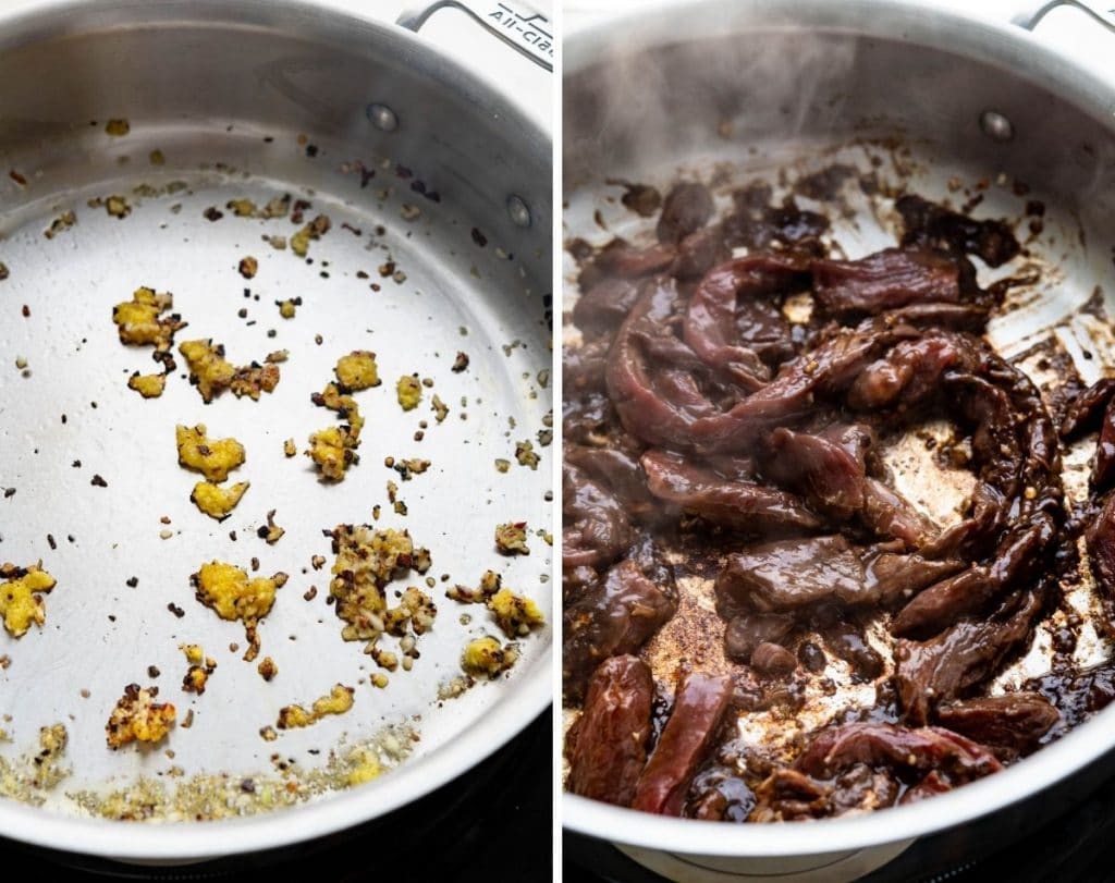 blooming the garlic, ginger and red pepper flakes, then searing the marinated beef.