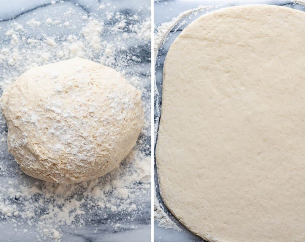 Rolling the dough out into a circle. 