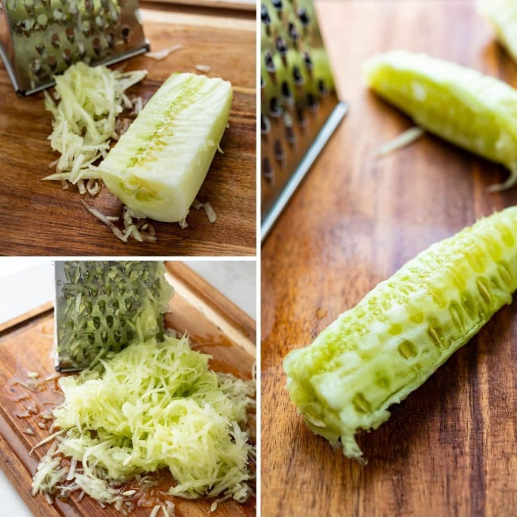 grate the cucumber flesh, but not the seeds. 