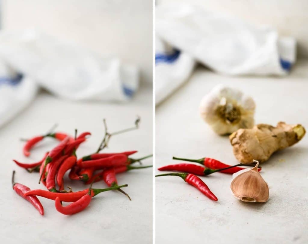 thai chile peppers, garlic and ginger. 
