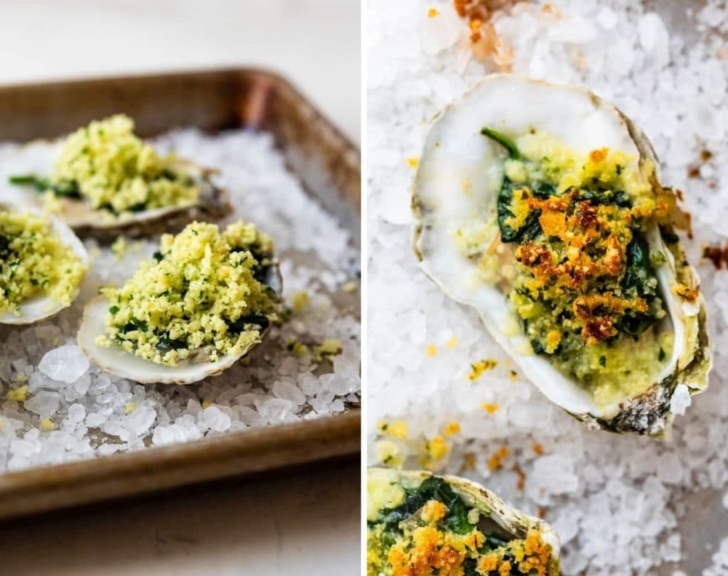 Topping the oysters Rockefeller recipe with breadcrumbs and baking. 