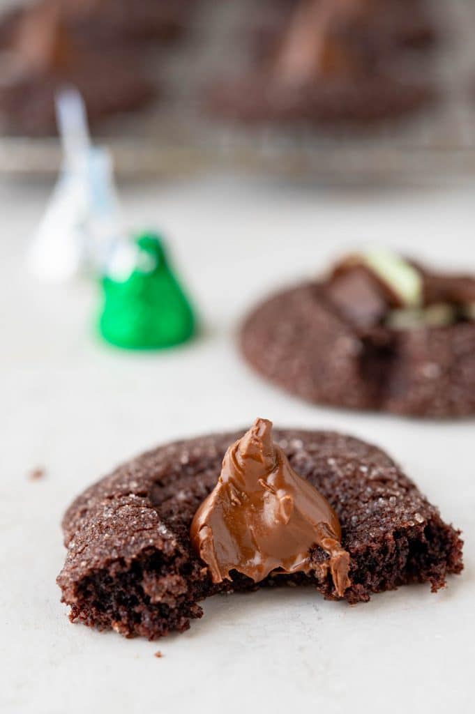 a chocolate mint cookie with a bite missing.