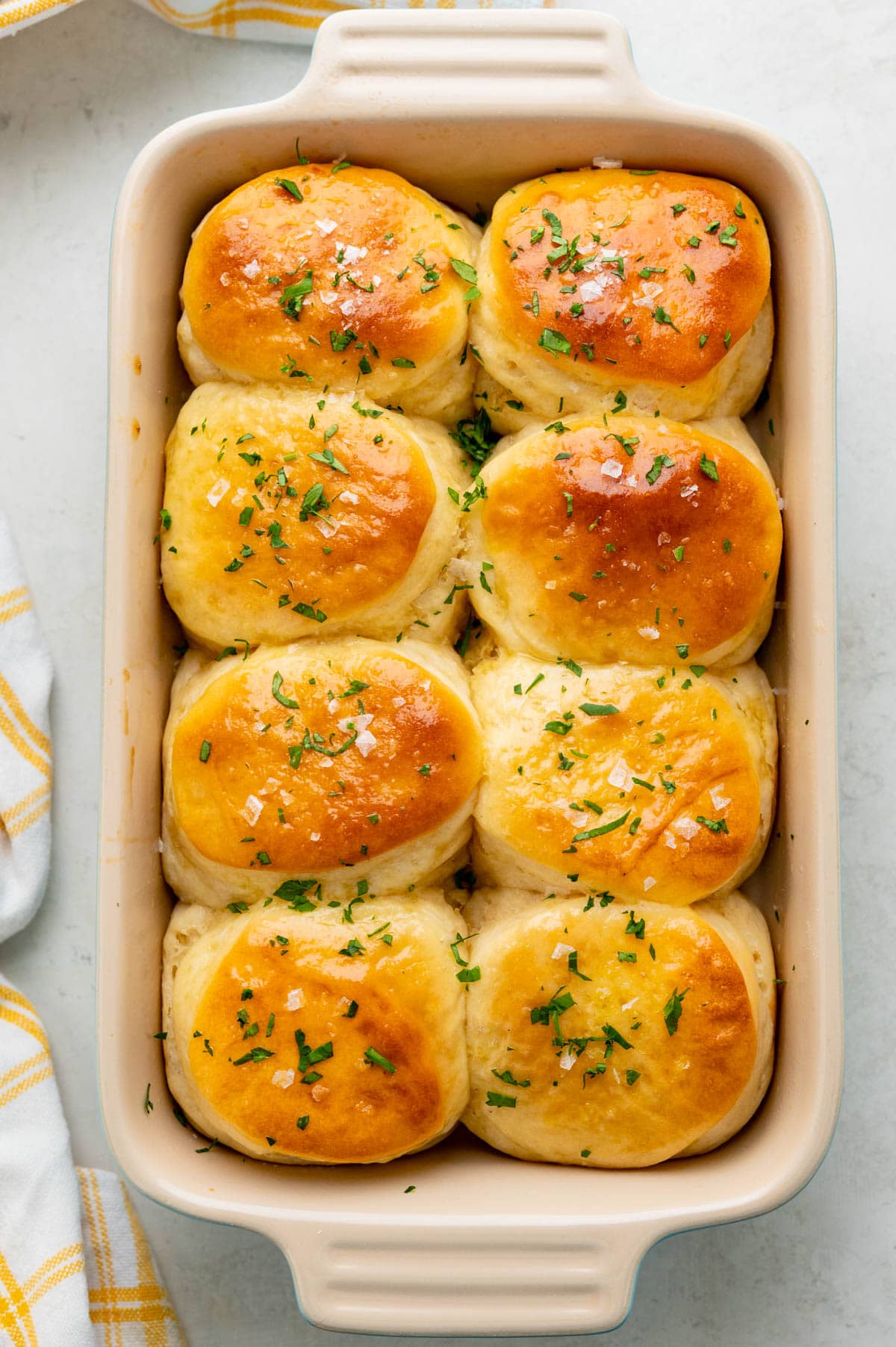 a baking dish of homemade yeast rolls.