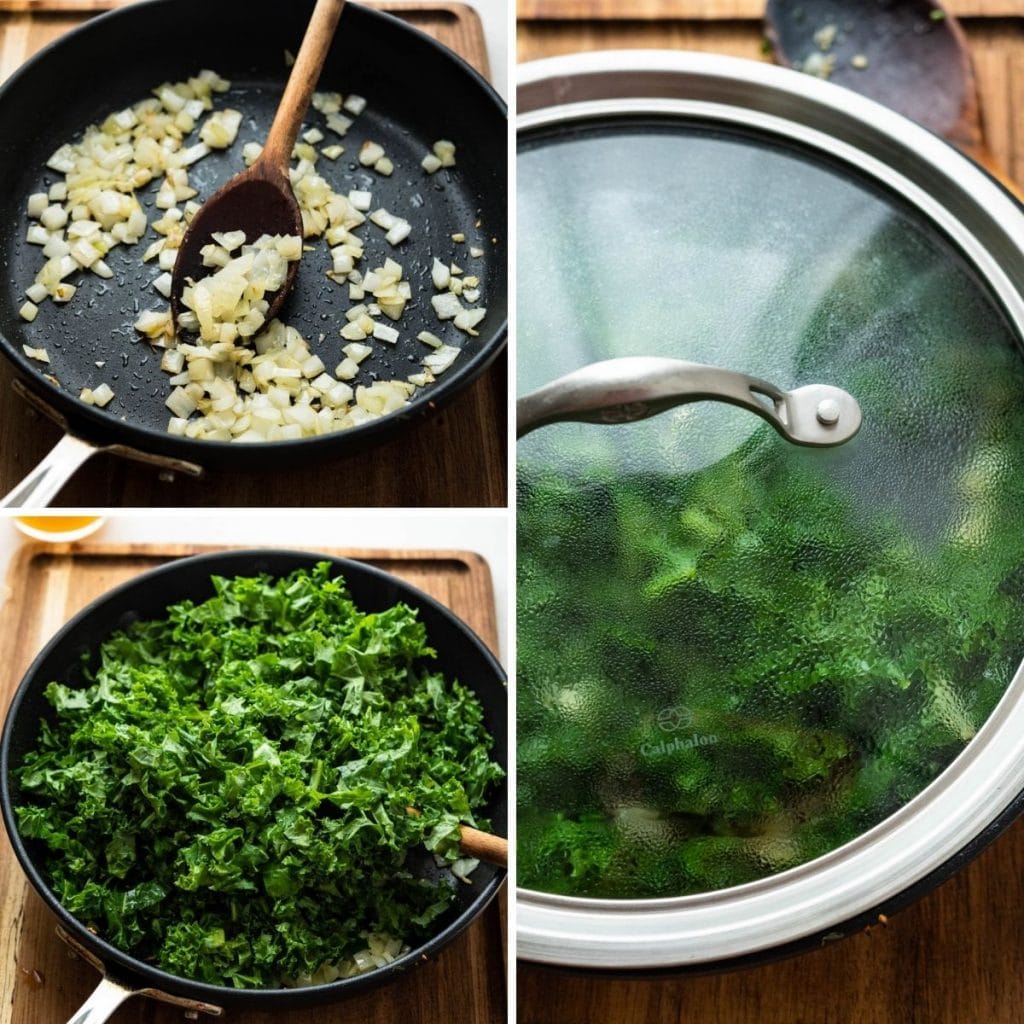 sautéing mushrooms and wilting the kale.