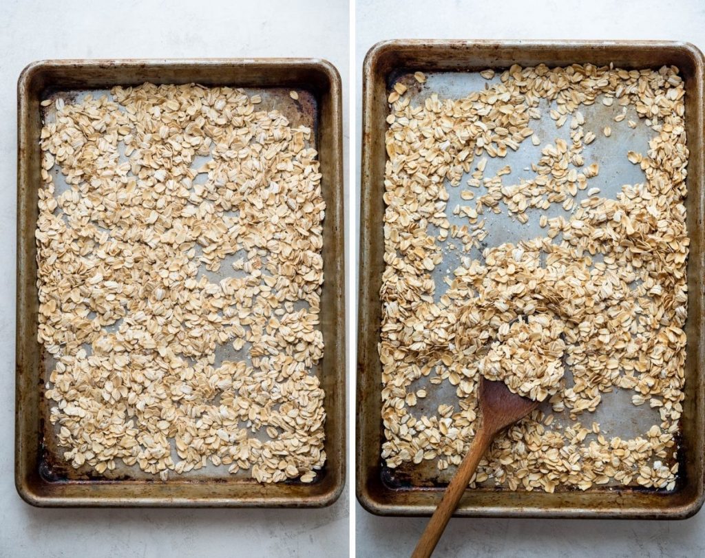 Toasting the oatmeal on a sheet pan.