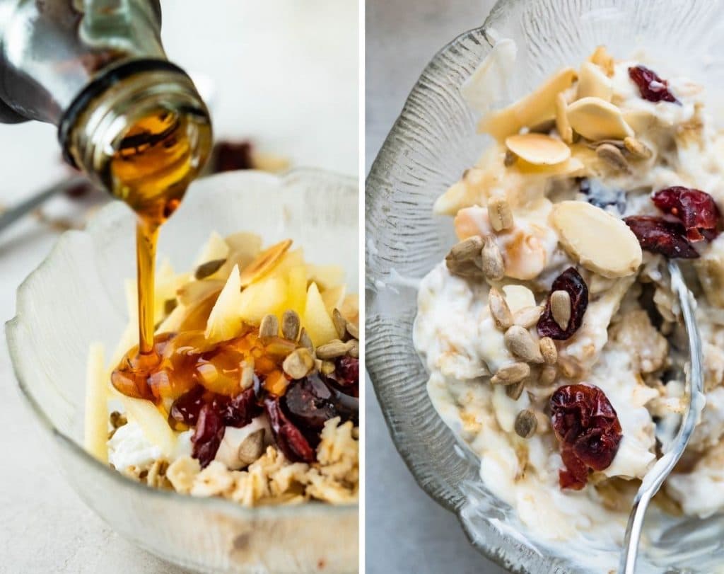 pouring maple syrup over the swiss oatmeal and stirring to combine.