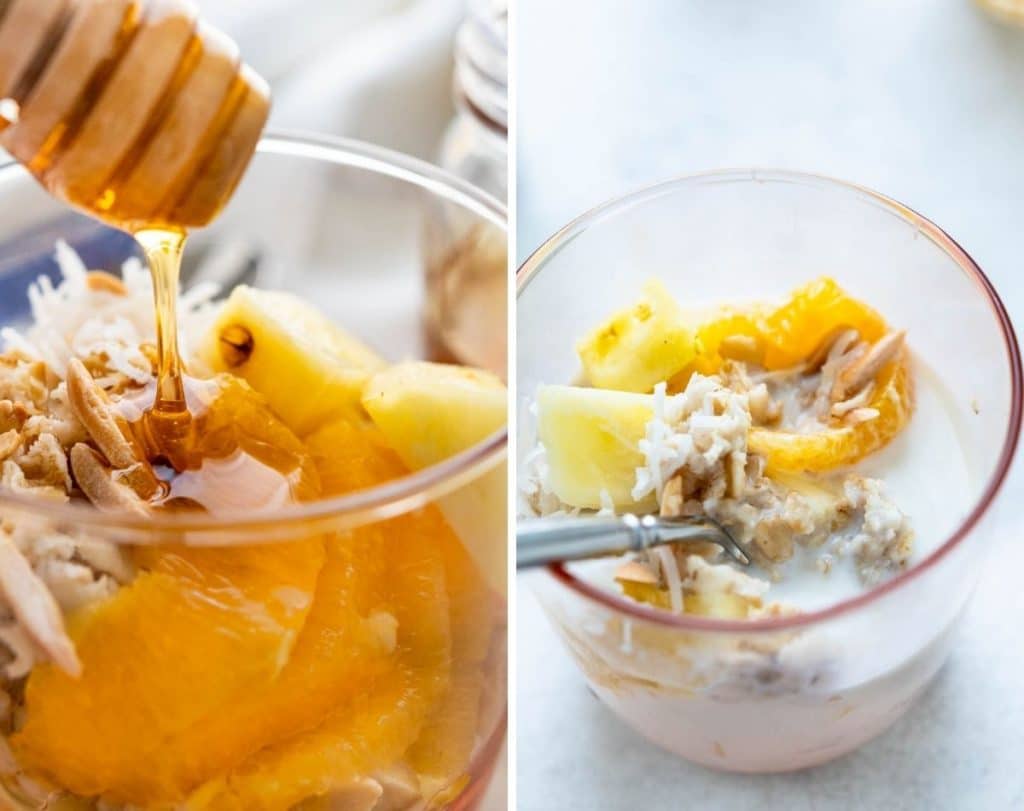 Citrusy Muesli has fresh pineapple and orange segments with flaked coconut and toasted almonds.