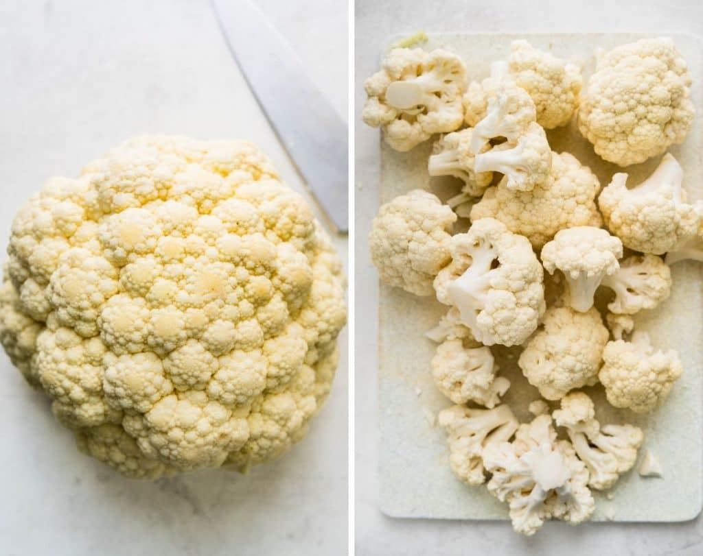 Cut a whole head of cauliflower into florets.