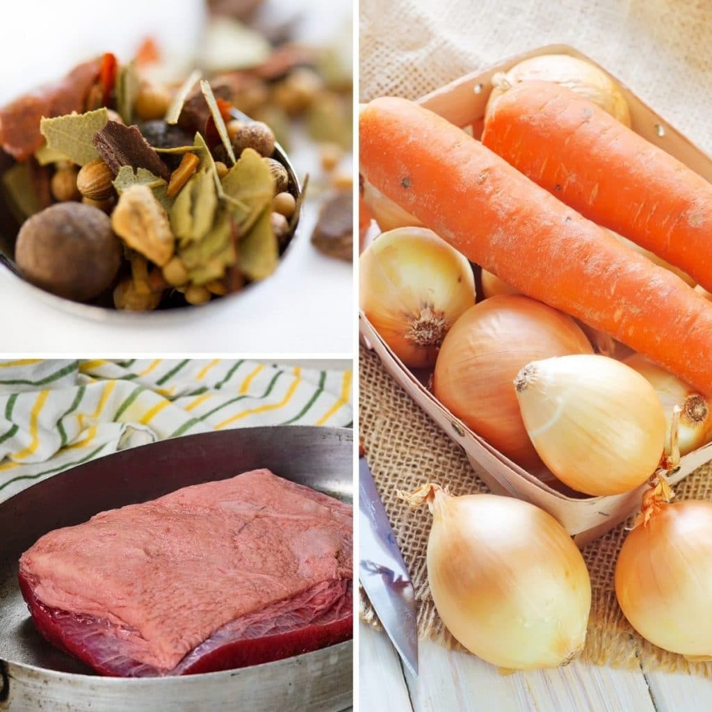 Ingredients for braising the corned beef recipe.