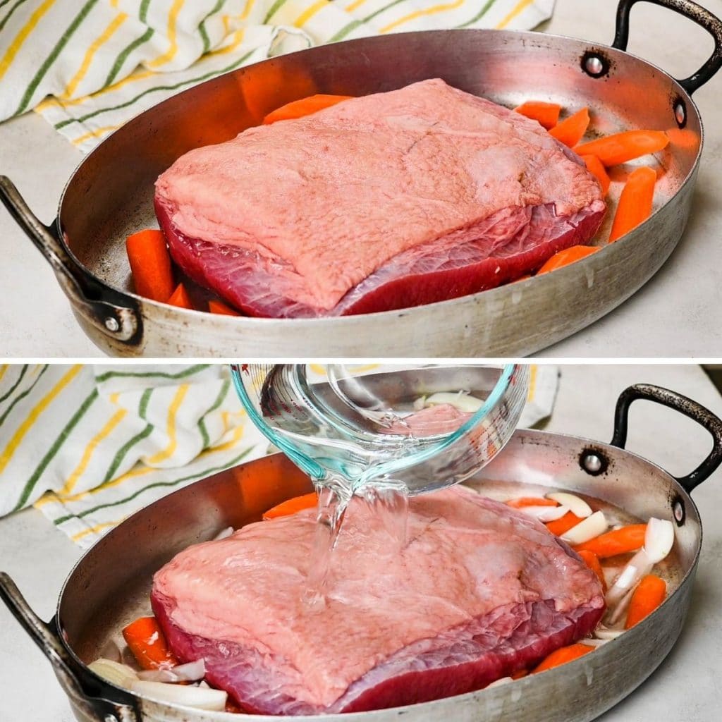 Preparing the corned beef for braising in the oven.