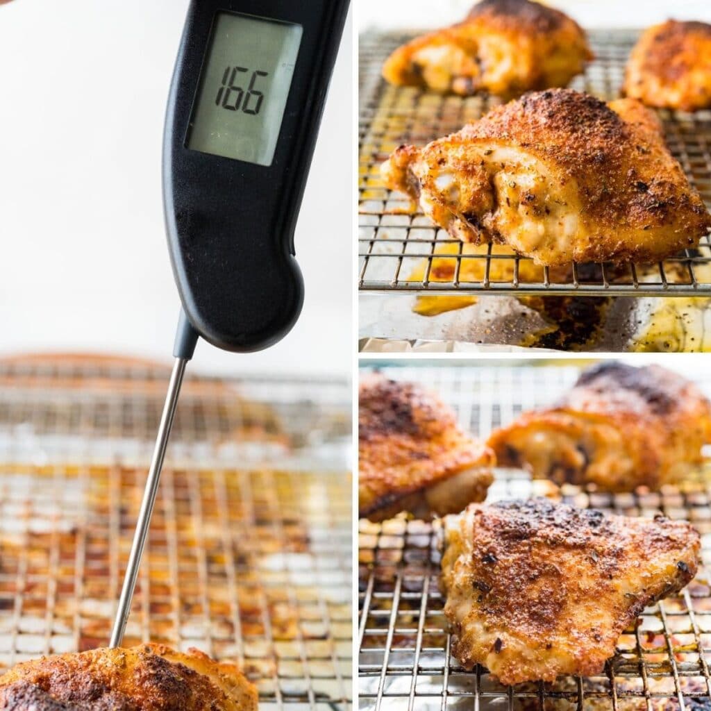 checking the temperature of the oven baked chicken thighs.