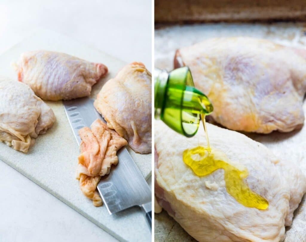 Trimming the chicken and coating with olive oil.