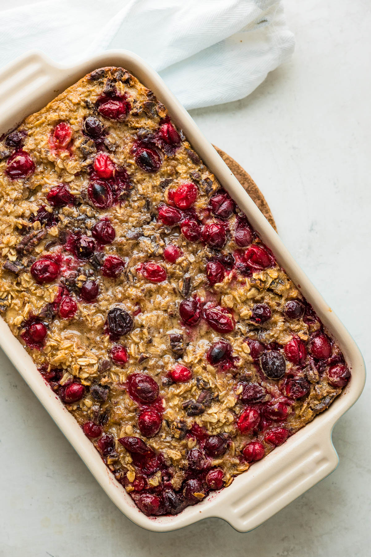 the banana baked oatmeal with cranberries, hot from the oven.