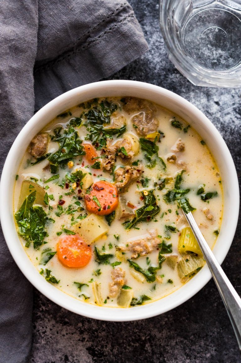 a cozy bowl of the sausage potato soup with kale.