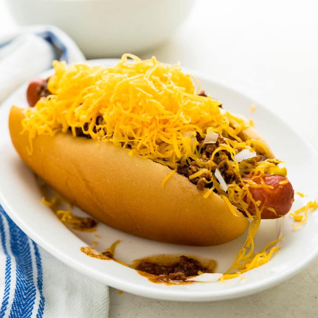 Cincinnati Coney -  with chili, cheese, onions and mustard.