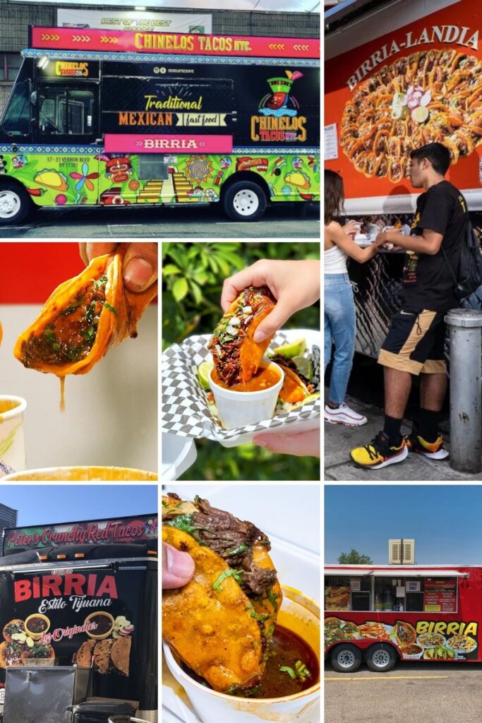 a mashup of birria taco trucks and dunking birria tacos.
