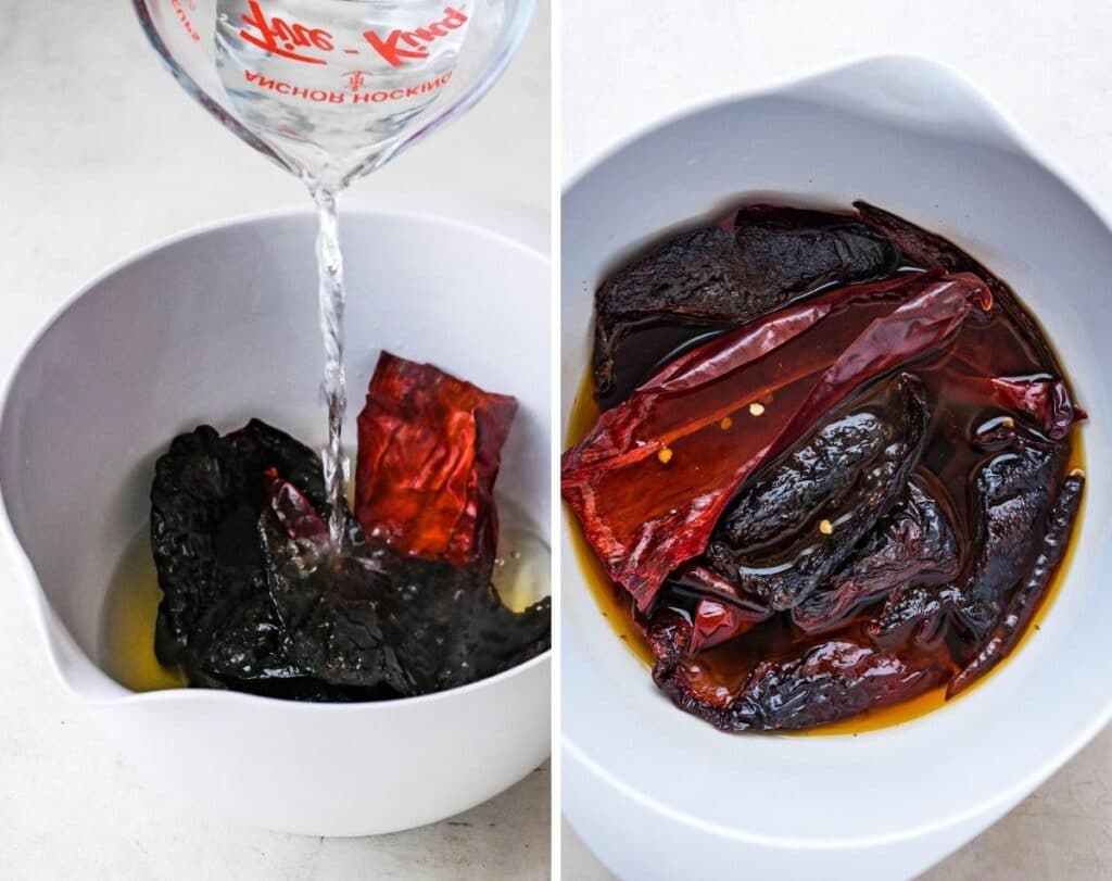 soak the dried chiles in hot water to plump and rehydrate. 